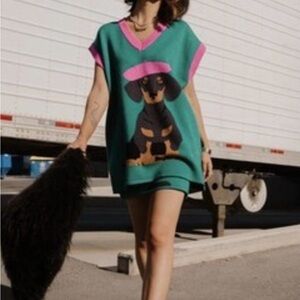 Dressed in LALA Green and Pink V-Neck Sweater Vest with Dachshund Graphic